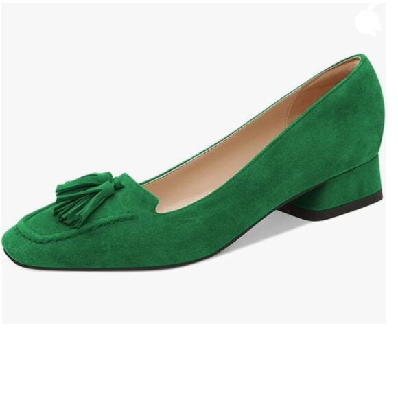 YDN Green Block Low Heel Loafers Square Toe Tassel Fringed Pump Slip On Shoe - Picture 1 of 8